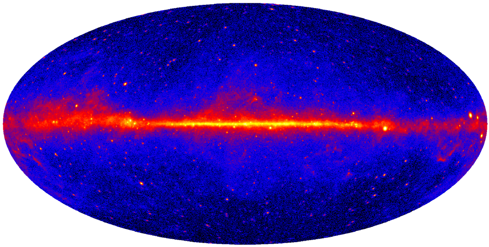 LAT看到的整个伽马射线天空，颜色代表强度